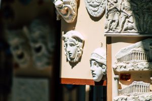 Athens Greece August 29, 2019 Closeup of traditional decorative objects sold in souvenirs shops in the streets of Athens in the morning