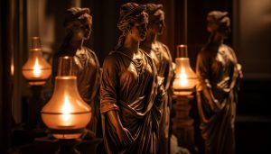 Men standing before illuminated statue, praying for peace generated by artificial intelligence